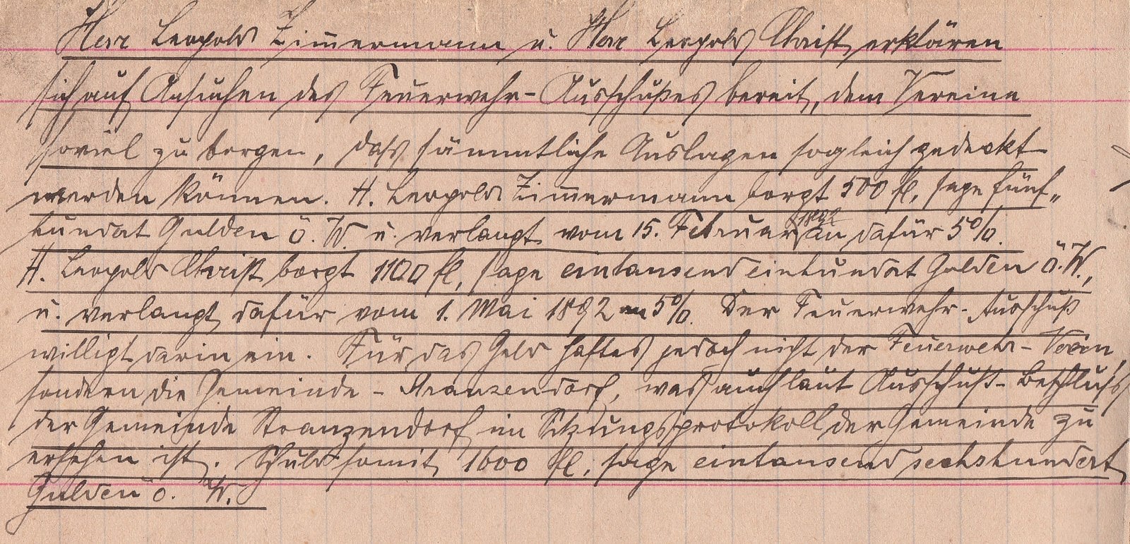 Handschriftliches Gründungsprotokoll der Freiwilligen Feuerwehr Stranzendorf vom 18. Jänner 1892