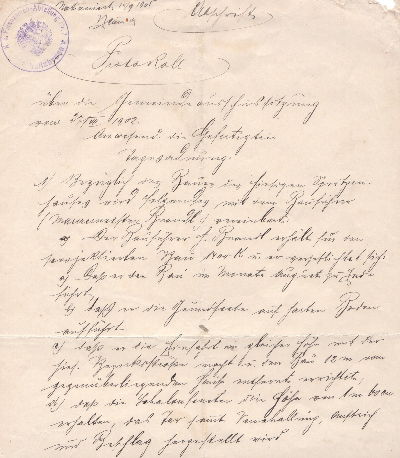 Protokoll vom 30. September 1905 über den Bau des Zeughauses